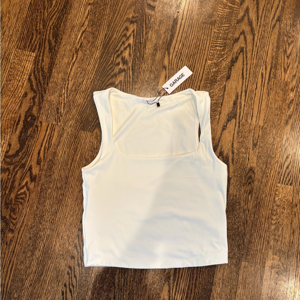 Garage White Fitted Crop Tank Top Square Neck